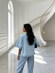 European and American French retro <b>distressed</b> five quarter sleeve denim <b>top</b> loose workwear double pocket shirt - Product Image 2