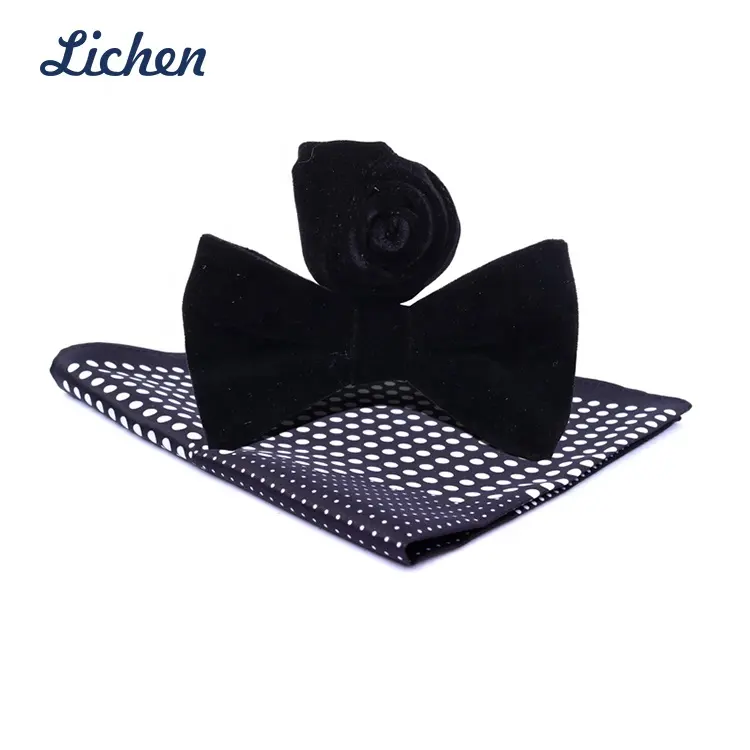 Black custom made Velvet fabric men flashing self tie bow tie with flower lapel-pin ,hanky wedding gift sets