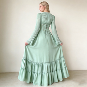 Robes pour femmes, vert menthe clair, col montant, col à volants, manches longues plissées, corset à lacets, taille cintrée, robes maxi élégantes - Product Image 2