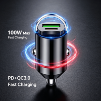 Chargeur de voiture mini en métal Astree 100W, charge rapide PD QC3.0, USB-C 12-24V, design à anneau de traction, garantie 3 ans, allume-cigare de voiture