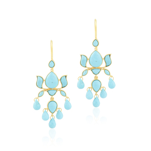 Turquoise Cabochon Lotus Chandelier <b>Earrings</b> in Yellow <b>Gold</b> Elegant 18k yellow <b>gold</b> <b>dangle</b> <b>earrings</b> feature a floral motif set - Product Image 2