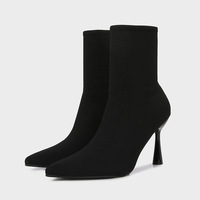 Bottines à talons aiguilles pour femmes, nouvelle collection automne, en tissu noir extensible, mi-mollet, bout pointu, talon aiguille