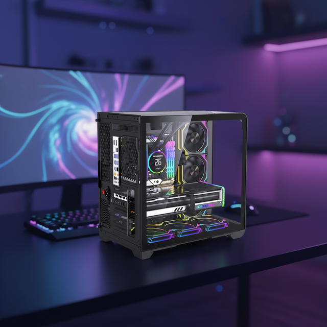 MQ ATX Sea View Gaming PC Case, Curved Tempered Glass Desktop Chassis with Temperature Display for E-sports Internet Cafe