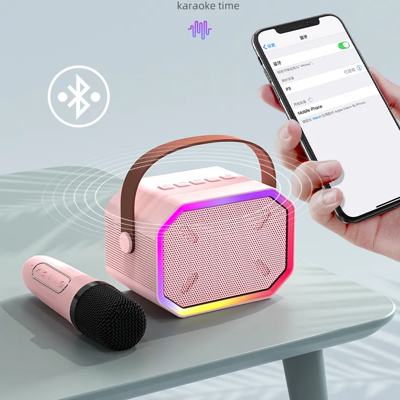 Mini haut-parleur sans fil avec microphone Lumières LED pour la maison Fête Anniversaire Cadeaux Karoke Haut-parleur avec micro