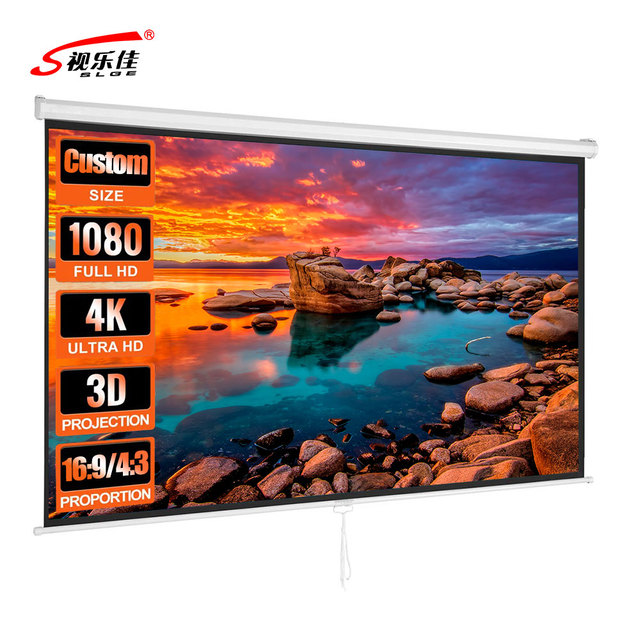 100 Inch 16:9 Auto Locking Manual Pull Retractable Projector Screen Matte White High Definition Home Theater Office Video Game