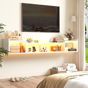 <span class=keywords><strong>Meuble</strong></span> TV flottant avec éclairage LED, prises de courant, design moderne, panneau de particules durable, grande capacité de rangement pour salon et chambre - Product Image 4