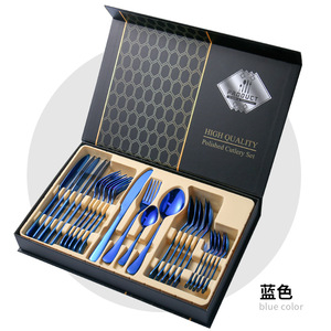 Juego de cubiertos de acero inoxidable, Set de 24 piezas con caja, cuchillo, tenedor, cuchara, cubiertos azules - Product Image 1