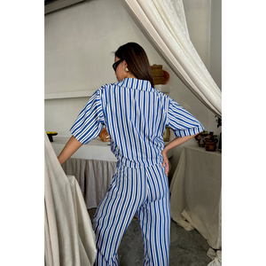 Ensemble de vêtements de nuit pour femmes, chemise courte à rayures bleues et pantalon ample en modal - Product Image 2