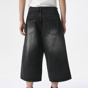 Pantalones vaqueros de pierna ancha holgados rectos de verano para <span class=keywords><strong>hombre</strong></span> personalizados, pantalones cortos de mezclilla recortados drapeados de pierna ancha negros, pantalones vaqueros holgados para <span class=keywords><strong>hombre</strong></span> - Product Image 6