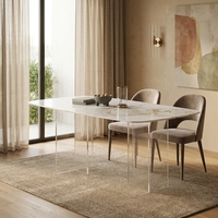 Table à manger rectangulaire moderne et minimaliste en pierre frittée avec pieds en acrylique transparent au design flottant pour salle à manger et cuisine