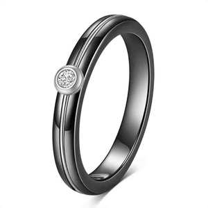 Bague en acier inoxydable et céramique avec diamant, 4 mm, pour femme, à porter au quotidien, coupe brillante ronde, forme géométrique, or blanc et noir - Product Image 2
