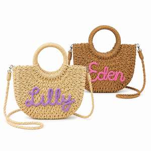 Bolsa de Paja para Regalos de Propuesta de Dama de Honor, Bolso de Playa Personalizado con Nombre para Despedida de Soltera, Cesta Tejida Cruzada - Product Image 1