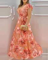 Robe longue florale pour femmes, printemps automne, style européen, imprimé, élégante, taille haute, manches longues, col en V, en mousseline de soie, décontractée