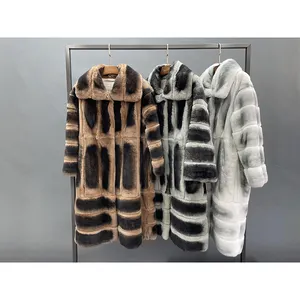 Factory supply high quality square collar coat real rex rabbit fur coat luxury long fur coat women
