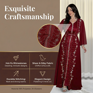 Abaya ouverte deux pièces pour femmes, en mousseline de soie, avec robe intérieure soyeuse, strass thermocollés, OEM - Product Image 2