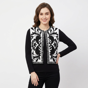 Veste élégante sans manches pour femmes, broderie florale noire et blanche, fermeture éclair, faite à la main, vêtements d'automne - Product Image 1