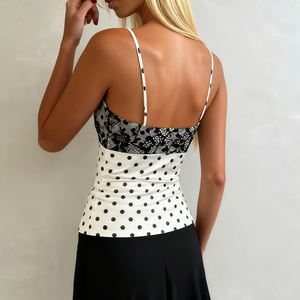 Camisole en satin à pois de style français pour femmes, haut de camisole à nouer dans le dos avec dentelle à franges pour le printemps et l'été - Product Image 6