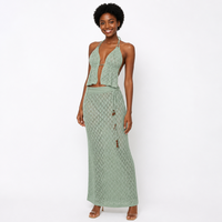 Ensemble de crochet personnalisé avec logo pour femme, ajouré, court, à cordon de serrage, sans manches, col en V, géométrique, vert, été, polyester, usine OEM & ODM
