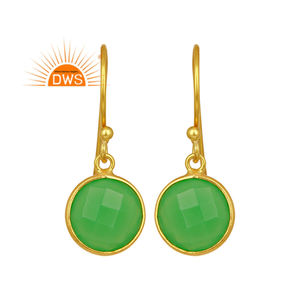 Pendientes de Calcedonia Verde Redonda, Proveedores de Joyería India Hecha a Mano, Pendientes Colgantes de Plata 925 Chapados en Oro - Product Image 1