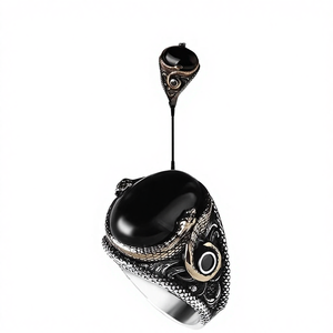 Anillo Turco Azuris de Plata de Ley 925 para Hombre, Estilo Otomano, Piedra Negra Natural, Joyería Fina Hecha a Mano en Turquía VALKH1322 - Product Image 1