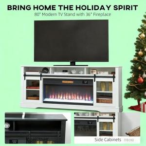Mid-Century Modern TV Console with Electric Fireplace Open <b>Storage</b> <b>Side</b> Cabinets Glass MDF for Bedroom Home Use - Product Image 5