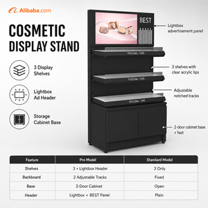 Expositor de Cosméticos Resistente con 3 Estantes, Caja de Luz, Cabecera Publicitaria, Acrílico, Base de Gabinete de 2 Puertas, Metal Negro Mate para <span class=keywords><strong>Tiendas</strong></span> Minoristas - Product Image 1