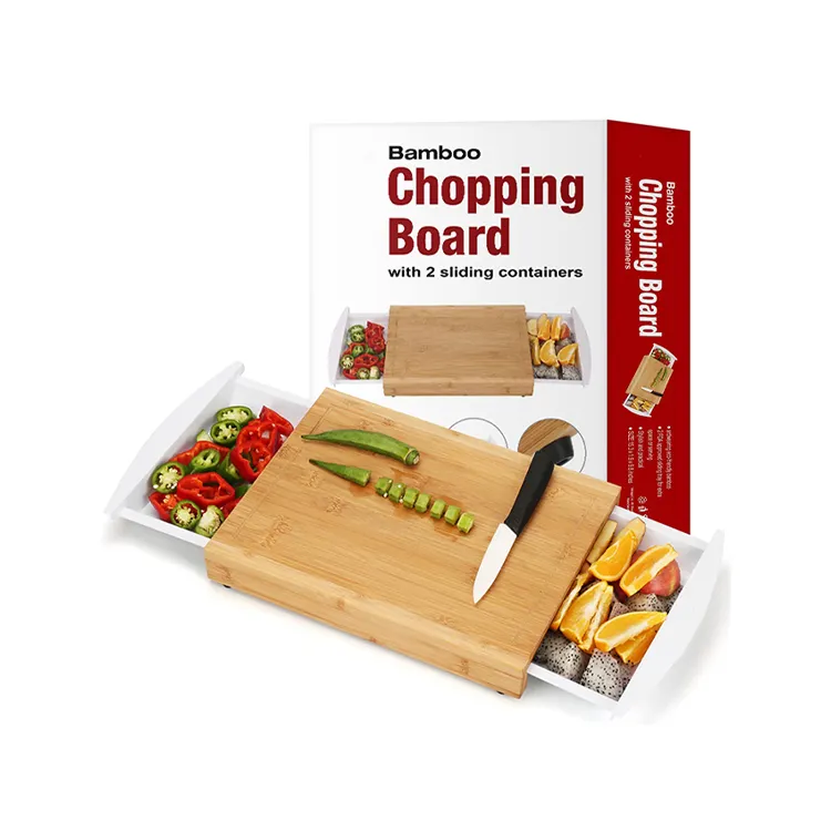 Bamboo Chopping Cutting Board with 2 sliding containers with Juice Groove Veggie Tray Easy Cook with Non-Slip Feet Ultimate