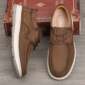 Chaussures de marche rétro pour hommes en cuir véritable à bout rond, lacées, avec semelle extérieure en caoutchouc amorti, couleur unie, style décontracté - Product Image 3