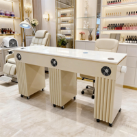 Meubles de salon de manucure modernes et luxueux, table de manucure double professionnelle en MDF avec plateau en marbre, chaise et ventilateur extracteur