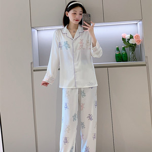 Primavera/autunno Nighty disegni di seta di ghiaccio camicia da notte da donna stampa a cartoni animati manica lunga set da notte in seta a due pezzi taglie forti indumenti da notte - Product Image 2