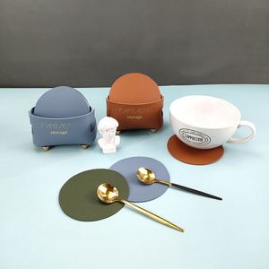 8-Pcs Pu Leather Drink Coasters With Holder Lightweight Pad <b>Protection</b> Tabletop Cup Mat Coffee for <b>Tables</b> - Product Image 1
