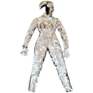 Venta al por mayor disfraz de robot de los hombres-Disfraz de espejo plateado de estilo serpiente para mujer y niña, traje de baile robot para hombre y mujer