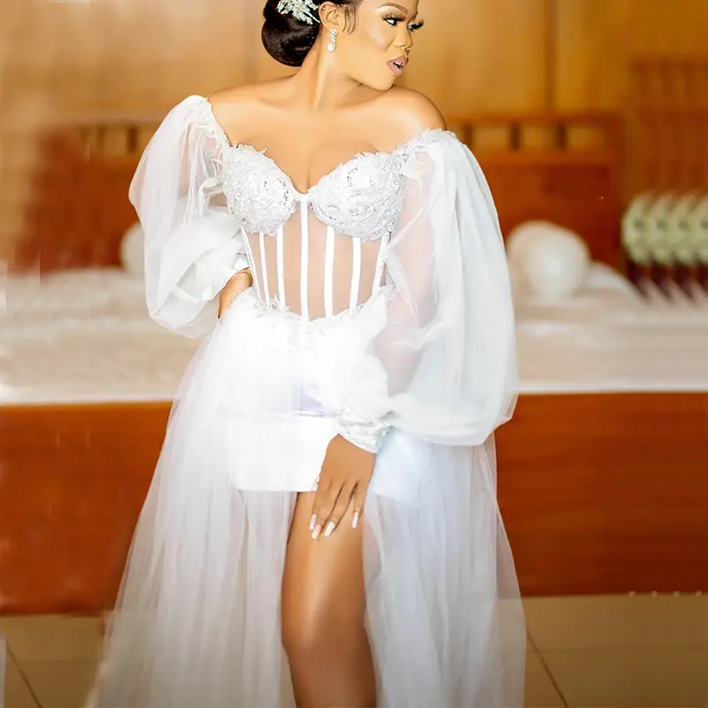 beaded bridal shower dress ASHLEYlauren 11598 Off Shoulder Pearl Beaded Gown