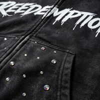 Sudadera con cremallera personalizada 3D con pedrería, de tejido de rizo grueso, con patchwork desgastado, estilo vintage casual de invierno para streetwear.
