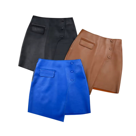 2314 Versatile Asymmetrical Buttons Mini Women's Sheepskin Skirt Hip Wrap Skirt With Pockets
