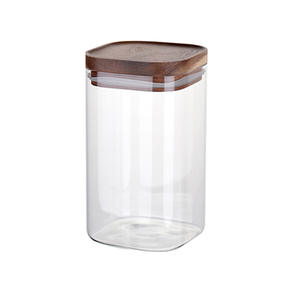 Vente en gros Récipients hermétiques pour aliments en borosilicate personnalisés Bocal de stockage en verre carré avec couvercle en bois d'<span class=keywords><strong>acacia</strong></span> pour la cuisine Épice salé - Product Image 1