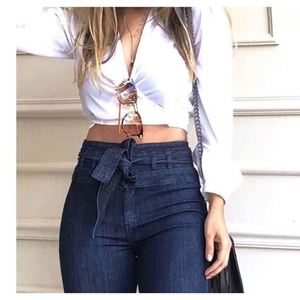 도매 새로운 여성 데님 높은 허리 청바지 부츠 컷 바지 와이드 다리 바지 청바지 벨트 여성 의류 - Product Image 4