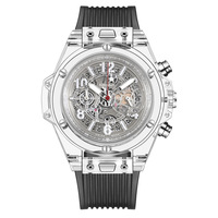 Reloj de Pulsera Cronógrafo con Esfera Hueca Transparente, Caja de Aleación Plateada, Correa de Silicona Blanca, Esfera Grande, Luminoso, Resistente al Agua, Deportivo