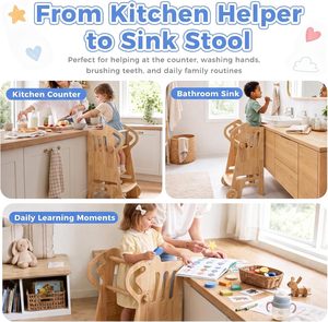 Toddler Tower with Wheels Adjustable Height Learning Natural Solid Wood <b>Step</b> <b>Stool</b> Full Safety Rails - Product Image 3