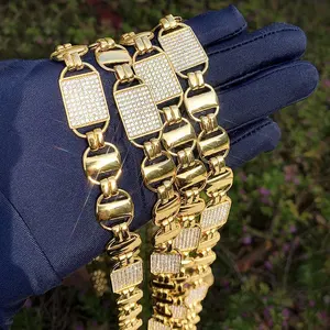 热卖嘻哈14毫米古巴链锆石立方氧化锆镀金高级时尚黄铜珠宝项链女男士