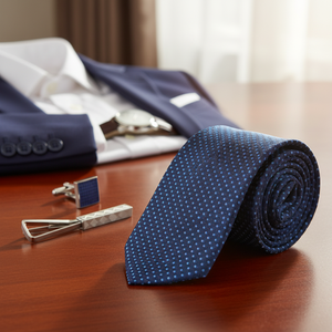 Corbata hecha a mano de lunares azul marino y azul de Exve - Product Image 3