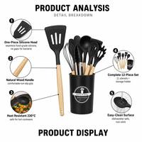 Set Peralatan Masak Silikon Food Grade 12 Pcs dengan Logo Custom, Bebas BPA, Gagang Kayu, Tahan Panas, untuk Memasak, Memanggang, BBQ, OEM ODM