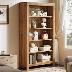 Bibliothèque en bois rustique SENYU avec 5 étagères et panneau arrière pour le rangement, idéale pour le salon ou le bureau à domicile - Product Image 5