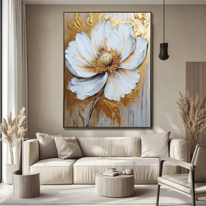 Grande Décoration Murale Toile Peinte à la Main Feuille d'Or 3D Fleurs Peinture <span class=keywords><strong>Art</strong></span> Abstrait Lourd Texturé - Product Image 1