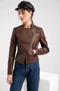 High Quality Autumn Short PU <b>Leather</b> Motorcycle <b>Jacket</b> Fashion Waterproof for Women - Product Image 5