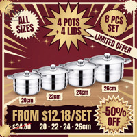 Ensemble de 4 grandes casseroles 20, 22, 24, 26 cm – Pots profonds pour plus de soupe, couvercles en acier inoxydable incassables, poignées tubulaires – Idéal pour cuisinière à gaz, cuisine domestique