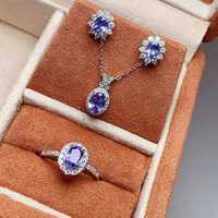 Perhiasan Perak Sterling 925 Klasik Tanzanite Alami Anting Kalung Cincin Perhiasan Pengantin Wanita Trendi