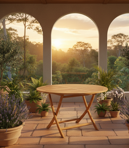 Table ronde pliante en teck, fabriquée avec expertise à Jepara, alliant artisanat traditionnel, fonctionnalité moderne et qualité durable. - Product Image 1