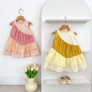 Летние новые детские платья для девочек 2026 года: модные безрукавные юбки с цветными блоками и кружевным декором - Product Image 2