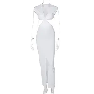Robe longue fendue et moulante pour femme, tenue de bal décontractée élégante avec col v, blanche, vêtement de grande taille à la mode, vente en gros, 2021